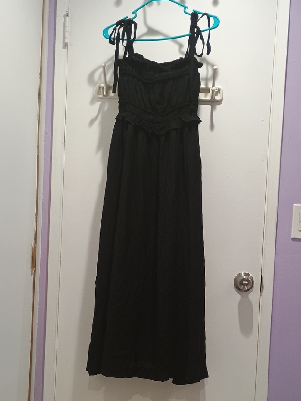 Smocked Tie-Shoulder Black Maxi Dress